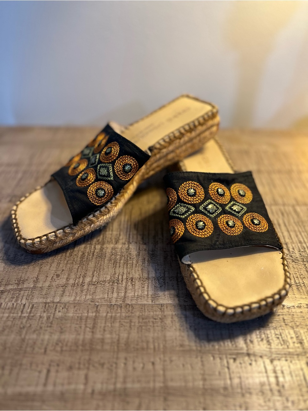 Andre Assous Black Slide Espadrille Sandals with Gold & Green Beadwork. Size 7